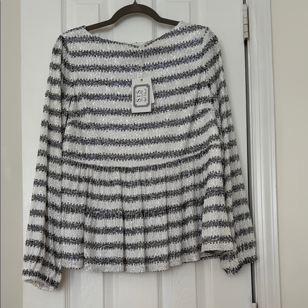 Sail to Sable Navy and white sequined peplum long Sleeve Blouse